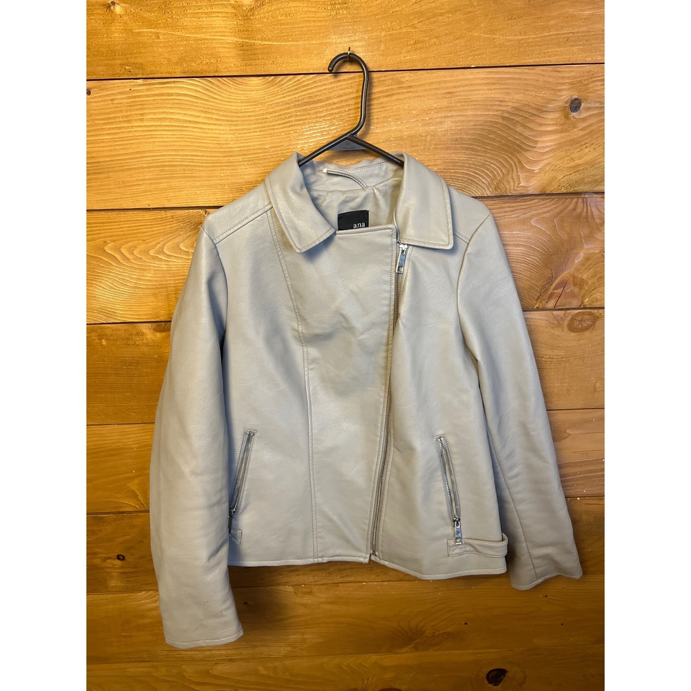 ANA A New Approach Faux Leather Moto Jacket Light Tan/gray Womens Lg Biker Edgy‎